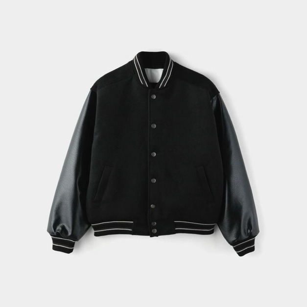 皮革袖拼接棒球外套