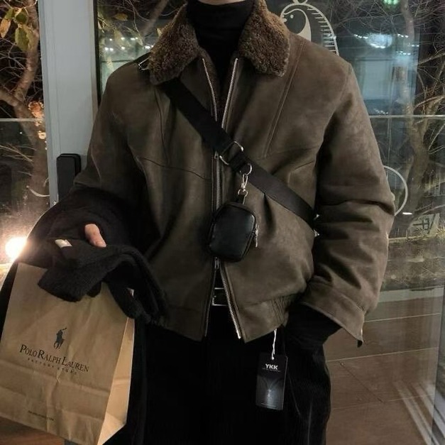 毛領拉鍊皮革夾克