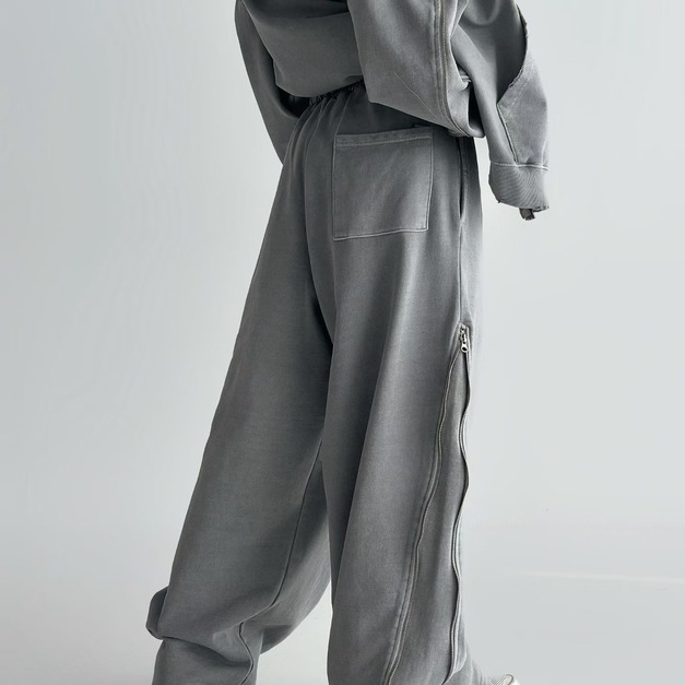 拉鍊側開寬腿長褲