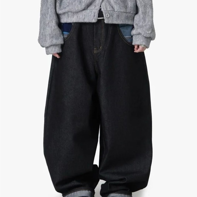 印刷格紋丹寧牛仔褲