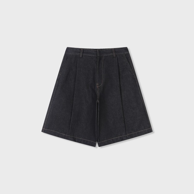 前雙打褶寬版丹寧短褲