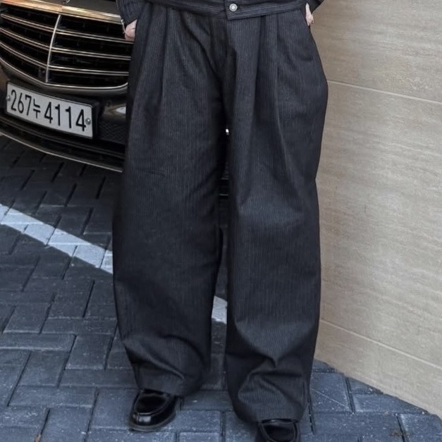 立體打褶寬版丹寧長褲