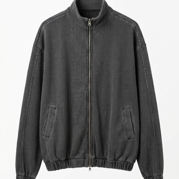 立領華夫格拉鍊夾克