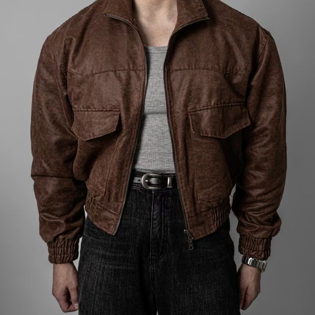 仿舊質感立領皮夾克