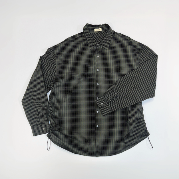 細格紋抽繩寬版長袖襯衫