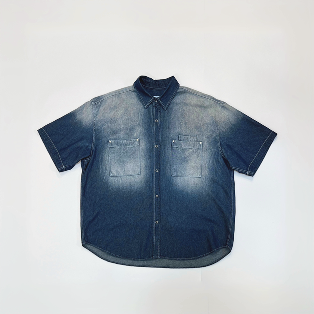 水洗雙口袋牛仔短袖襯衫