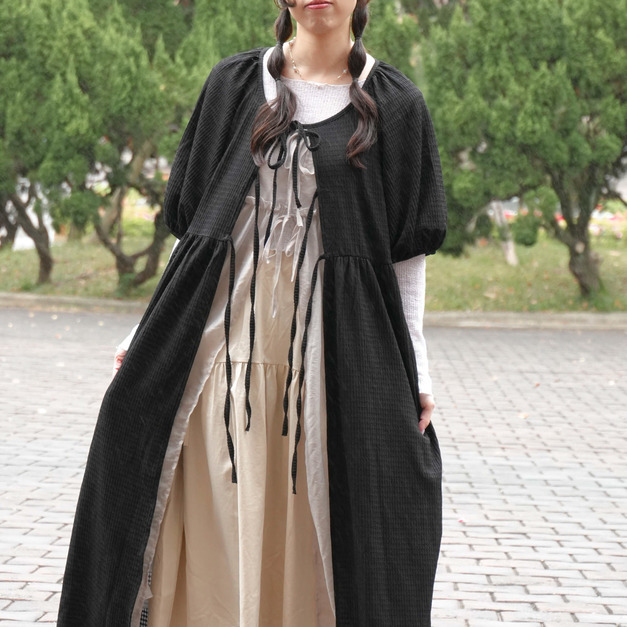 泡泡短袖綁帶罩衫 （3色）