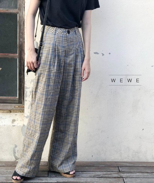 高腰寬鬆格紋直筒褲