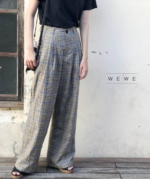 高腰寬鬆格紋直筒褲