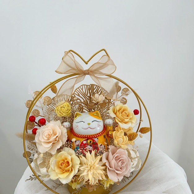 招財貓金屬圓形花禮<可代寫賀卡>