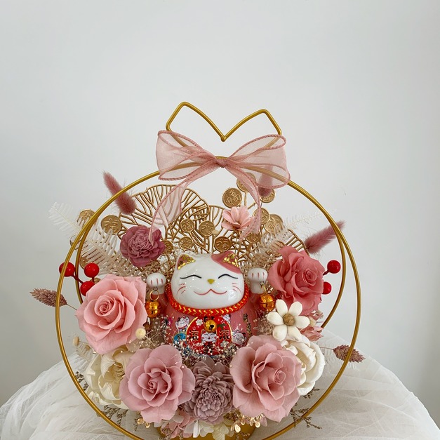 招財貓金屬圓形花禮<可代寫賀卡>