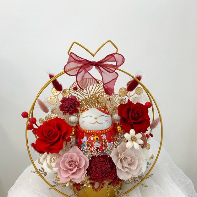 招財貓金屬圓形花禮<可代寫賀卡>