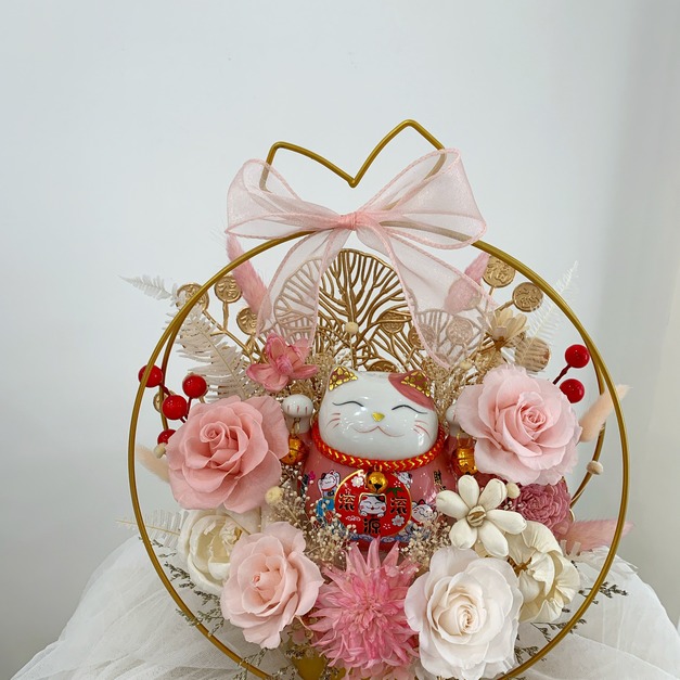 招財貓金屬圓形花禮<可代寫賀卡>