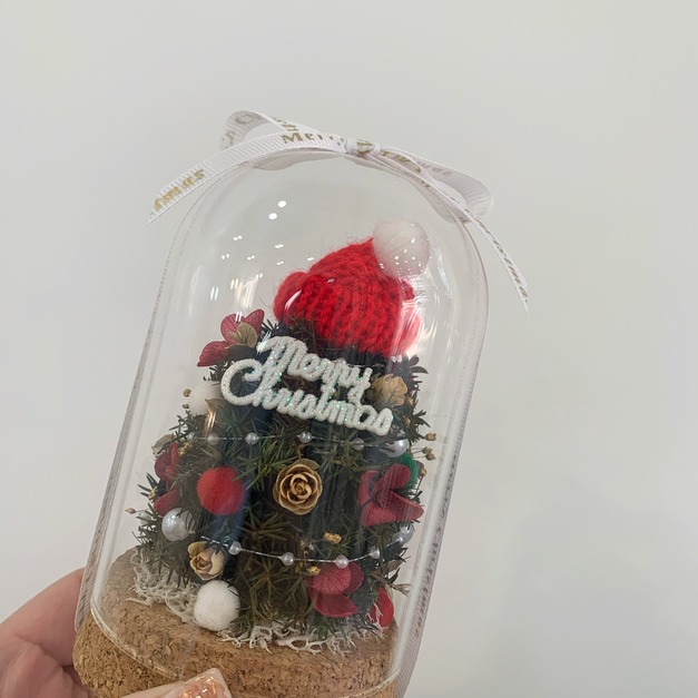 迷你聖誕樹玻璃罩 紅帽子<可代寫賀卡>