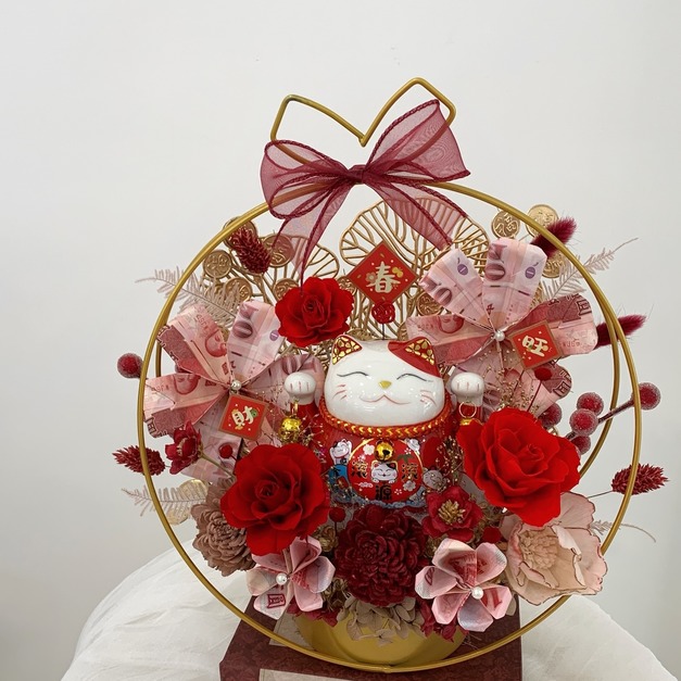 金屬圓形招財貓錢錢花 ღ永生花禮