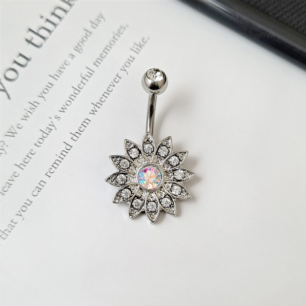 316L鋼｜華麗花朵大鑽肚臍環(玫瑰金/銀/銀粉) s783-s783-1-s783-2