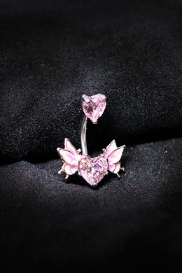 316L鋼｜愛心雙蝶(銀.粉鋯石)肚臍環 s7237