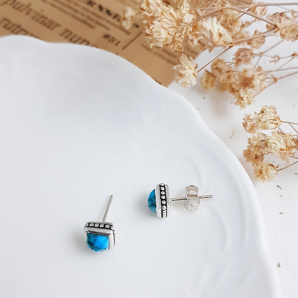 925純銀｜圓珠方框土耳其石耳飾 e90597