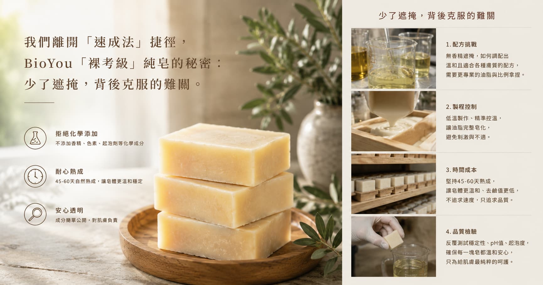 我們離開「速成法」捷徑~為什麼「無香」反而最難做？揭開百沃優｜BioYou「裸考級」純皂的秘密：少了遮掩，背後克服的難關