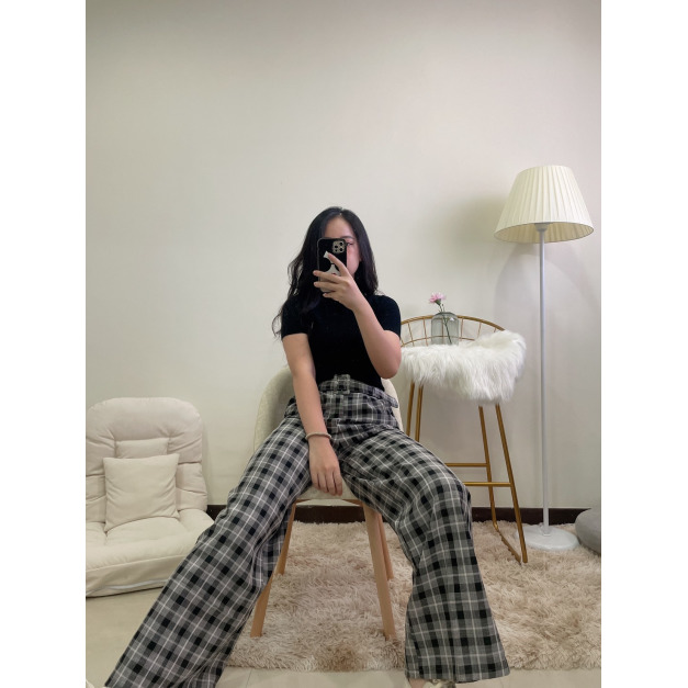 超好看格子寬褲附皮帶
