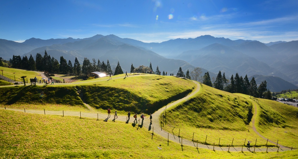 陽光灑落的高山草坡與步道