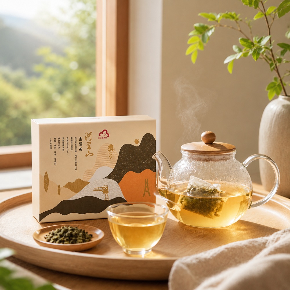梅山鄉農會阿里山金萱茶盒裝情境示意圖