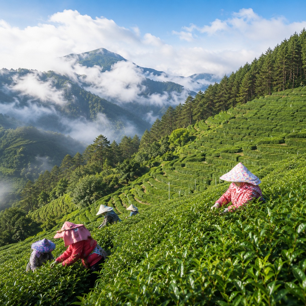 武陵農場高山茶園採茶情境示意圖