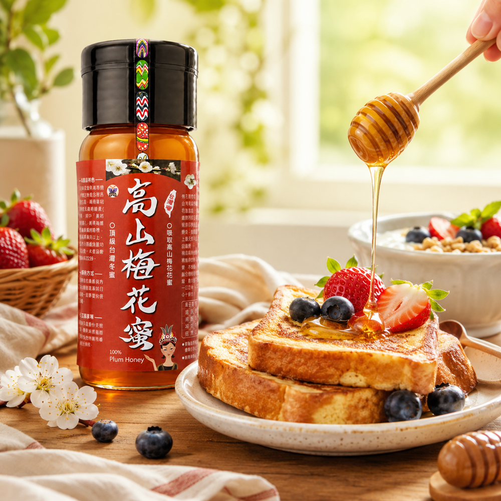 高山梅花蜜搭配吐司與水果的早餐情境