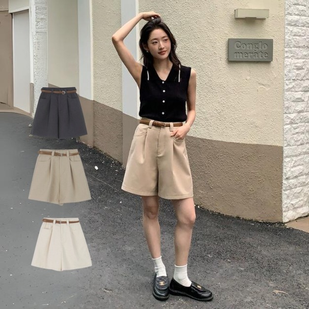 「立體半鬆緊」闊腿五分褲