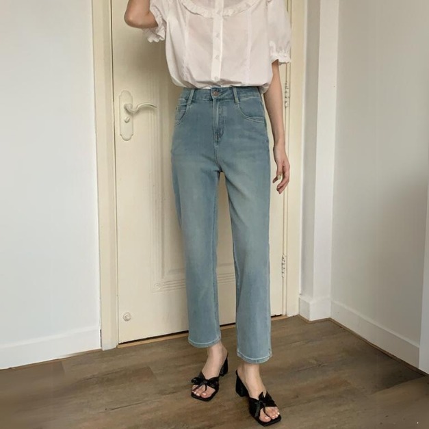 「法棍牛仔褲」高腰洗舊九分褲