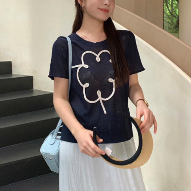 Venisson 立體花朵線條短袖針織