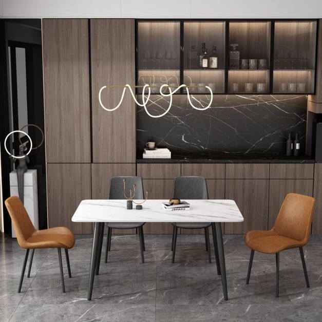 【特價款】YA-1卡奈特價專供系列直角岩板餐桌+配刀片椅866 SK30-31 雪山白