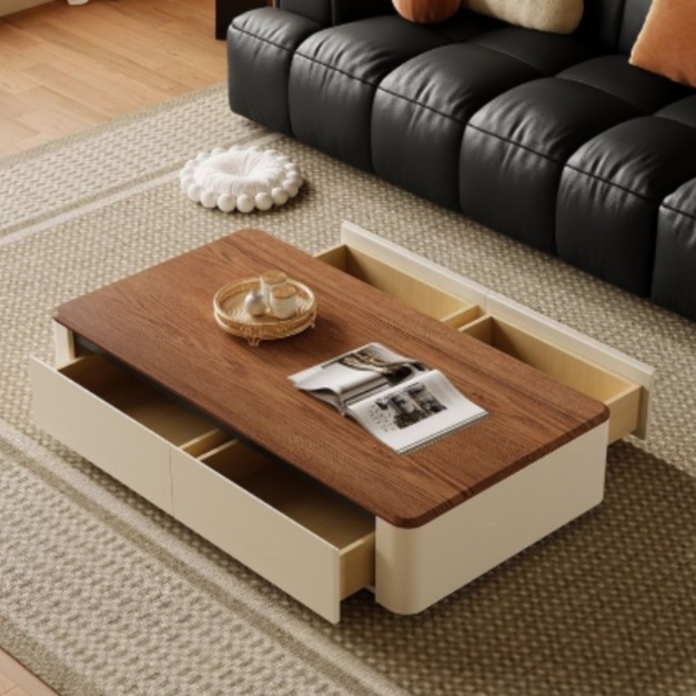 【萊典系列】極簡風家用儲物茶几 時尚簡約客廳胡桃木紋長茶几