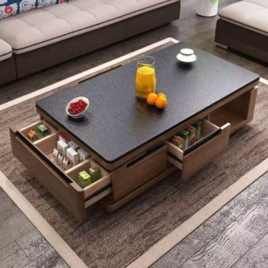 【萊典系列】中古風系列長茶几 家用時尚簡約客廳火燒石檯面儲物茶几