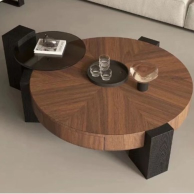 【萊典系列】中古風系列 家用圓形時尚簡約客廳胡桃木紋+鋼化玻璃組合茶几