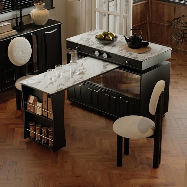 中古風系列 中古風餐廳啞光寶格麗岩板餐桌創意可360°移動餐桌島台 