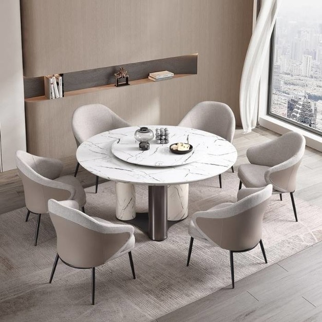 【羅伯卡特系列】極簡風格 餐廳家用雪山白人造大理石含轉盤餐桌