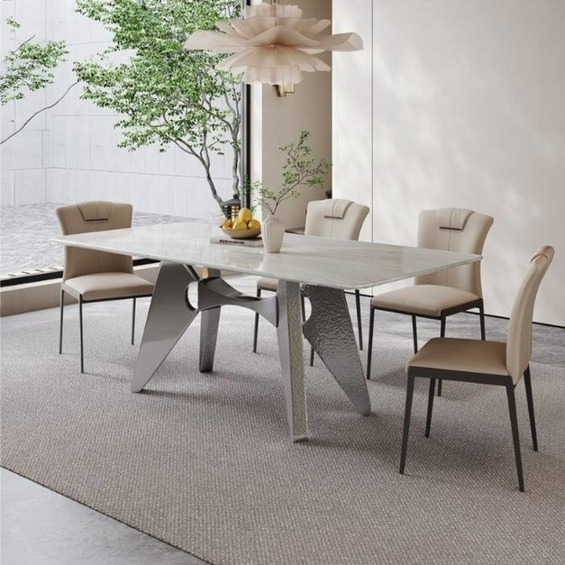 【韻谧時光系列】簡約時尚家用餐廳餐台桌極簡風29mm天然米蘭白玉奢石檯面長餐桌