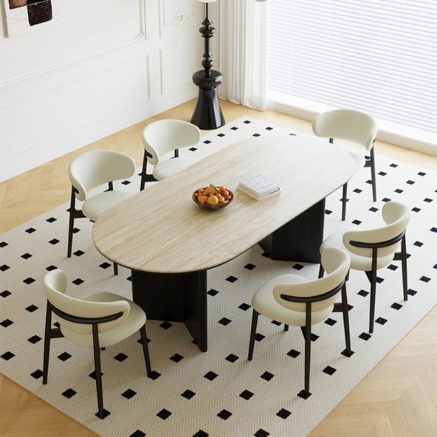 【雲貝蓓系列】復古家用12mm羅馬洞石岩板餐桌中古風家用餐桌   