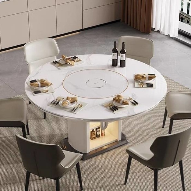意式極簡風帶電磁爐餐桌 餐廳家用簡約內嵌轉盤伸縮功能餐桌
