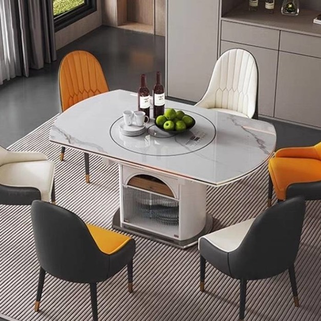 意式極簡風伸縮餐桌 12mm岩板檯面內嵌轉盤帶暖菜板電磁爐功能餐
