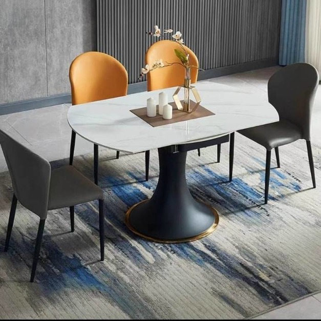 意式簡約小蠻腰帶金邊旋轉功能台輕奢亮光岩板可變方圓家用餐桌