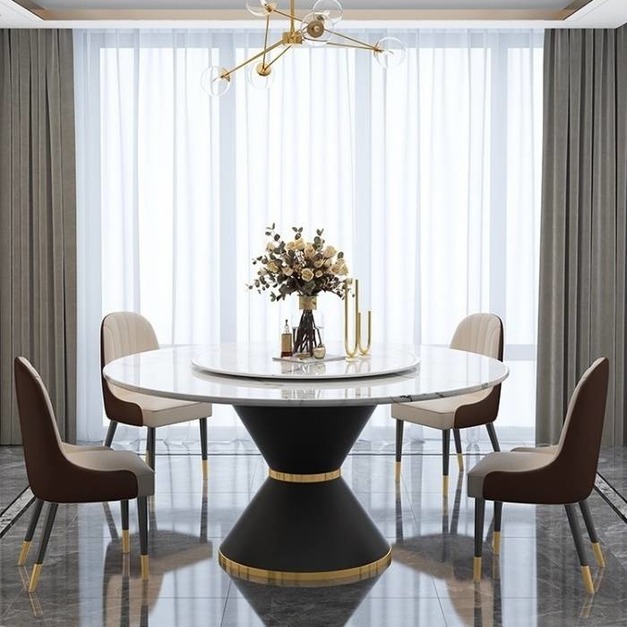 港式輕奢圓型人造大理石餐桌 不鏽鋼底架帶轉盤餐台（中花白）