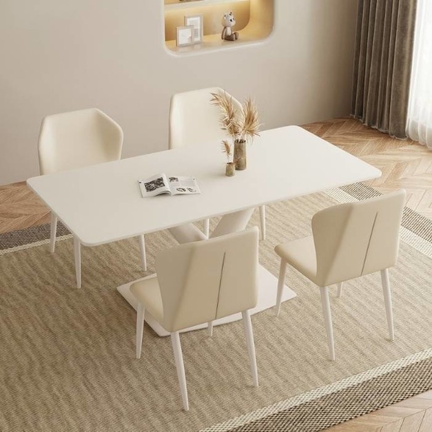 【摩登奢居系列】時尚奶油風 餐廳家用啞光岩板長方形餐桌