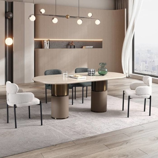 【羅伯卡特系列】意式輕奢風格 簡約餐廳家用洞石人造大理石餐桌