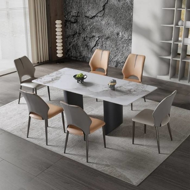 【哥斯圖系列】意式極簡風大小戶型餐廳12mm亮光香奈兒岩板長方形餐桌