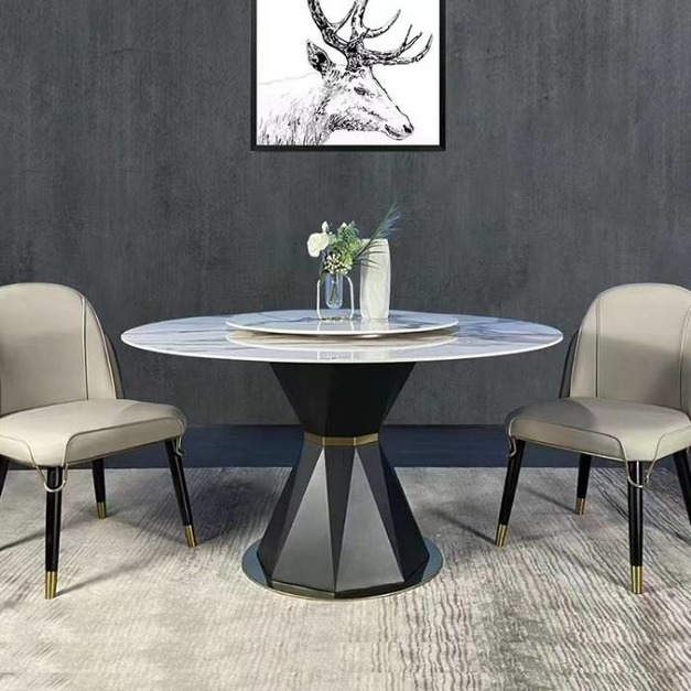 意式極簡家用餐廳圓形轉盤亮光魚肚白岩板餐桌