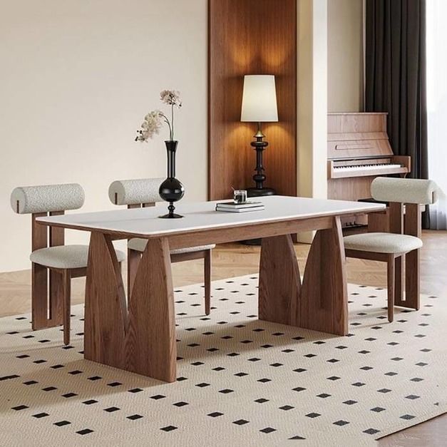 【摩登奢居系列】中古風系列 簡約復古實木岩板餐桌中古風家用餐廳長餐桌