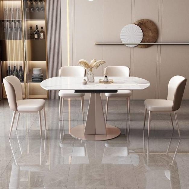 家用功能旋轉伸縮餐桌餐廳省空間亮光岩板圓桌