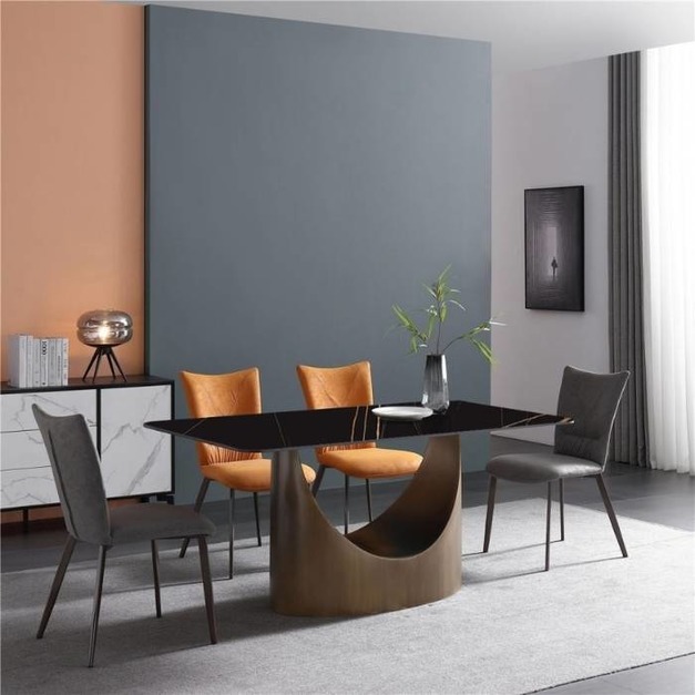 黃古銅餐桌長方形輕奢簡約創意啞光岩板餐桌